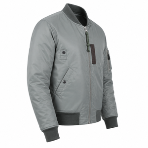 Gray Bomber Jacket Full Sleeve Zipper Closure Stand Collar <b>Quilted</b> Polyester Woven Silk Finished Autumn Winter Men's Outerwear - Product Image 4