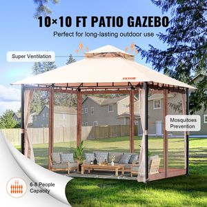 Gazebo da Giardino 3x3 Metri per 6-8 Persone, Struttura in Metallo, Telo in Poliestere 180G Rivestito in PU, Tettoia per Esterni con Zanzariera - Product Image 6