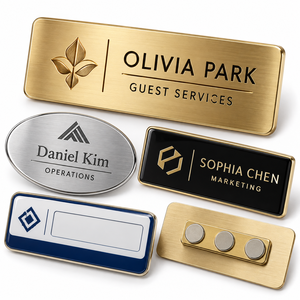 Badge nominatif personnalisé en métal pour employés, étiquette nominative personnalisée avec logo pour uniforme de travail, fabricant OEM - Product Image 1