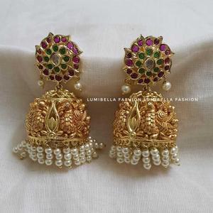 Gold Plated Nagas Jhumka Stud Earrings with Pearl and Diamond for Wedding and Party - Product Image 1