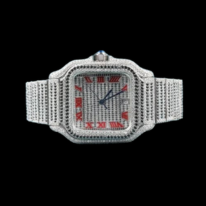 Número rojo Iced elegante correa de acero inoxidable reloj Moissanite diamante corte brillante 41mm diámetro cualquier ocasión Eta Glass Charm - Product Image 1