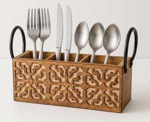 Soporte de madera para cubiertos, organizador de utensilios, caja de almacenamiento para cuchillos, tenedores y cucharas de madera, organizador de cocina, soporte rústico de madera para encimera. - Product Image 2