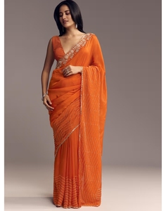 KV Women's <b>Orange</b> Organza Embellished Designer <b>Saree</b> with Unstitched Blouse - Product Image 4