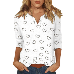 Top informal con estampado de corazones y manga tres cuartos con cuello en V para mujer, de algodón tejido, corte holgado, para todas las estaciones - Product Image 1