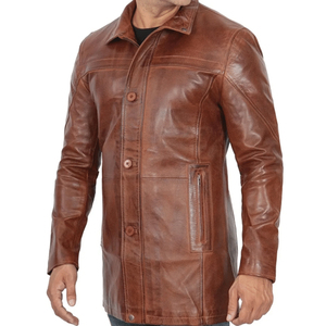 <b>Men's</b> Brown Genuine <b>Leather</b> <b>Long</b> <b>Coat</b> Turn-down Collar Single Breasted Casual Autumn Jacket - Product Image 6