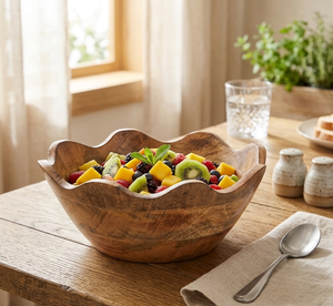 <b>Rustic</b> Scalloped Edge Wooden Salad Bowl – Organic Hand-Carved Tabletop Centerpiece & Fruit Holder - Product Image 3