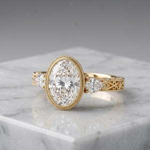 Bague Art Déco 3.02 carats en diamant taille ovale, trois pierres, or jaune 14 carats, cultivé en laboratoire, pour mariage, cadeau surprise pour partenaire - Product Image 1