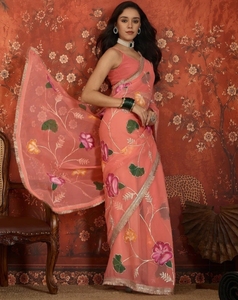 KV Women's Printed Bollywood Georgette <b>Saree</b> (<b>Orange</b>) - Product Image 1