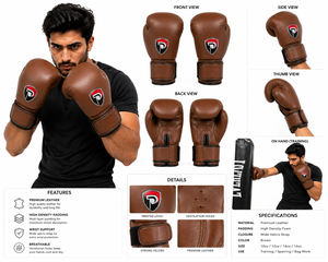 Guantes de Boxeo Verticales de Cuero Marrón Dumela International con Diseño de Logotipo Shield, Modelo DI-BG-07 - Product Image 6