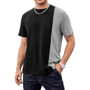 Black Grey Vertical Split Colorblock Crew Neck Short Sleeve Soft Casual Daily Men T Shirt <b>Top</b> - Product Image 1