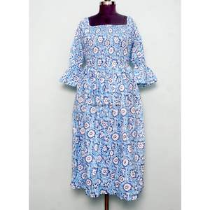 Nuevo Vestido Azul de Verano, Largo, Cuello Cuadrado, Casual, Tejido de Algodón, Mangas Campana, Silueta en A, Estampado Boho, para Fiesta - Product Image 1