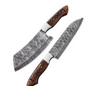 Ensemble de couteaux de cuisine en acier Damas sur mesure, 2 pièces, couteau de chef et hachoir forgés à la main avec manche en bois sculpté, gravé professionnellement - Product Image 1