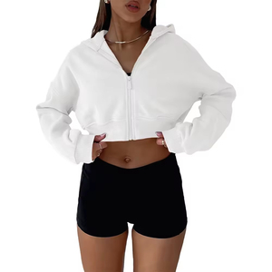 <b>Cropped</b> Women Hoodies Drop Shoulder White Color High Quality 100% Cotton Kangaroo Pocket Fashionable Street Wear <b>Zip</b> <b>up</b> Hoodies - Product Image 1