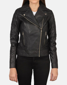 Blouson moto matelassé en cuir véritable haute performance pour femme, manches longues, fermeture éclair, col rabattable, style automne, prix abordable - Product Image 2