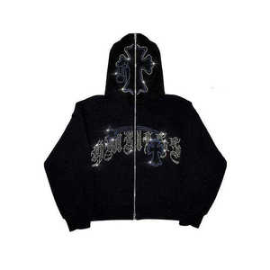 Blouson Streetwear Unisexe à Capuche Entièrement Zippé avec Croix Gothique en Strass, Noir Oversize, Cristaux Scintillants Argent et Bleu, 2026 HD - Product Image 4