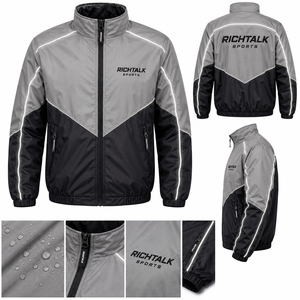 Unisex Embroidery Jacket Waterproof Gray Black Color Blocking Stand Collar <b>Covered</b> <b>Button</b> Closure Polyester Winter Wear Front - Product Image 1