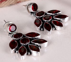 Wholesale Supplier Oxidized Silver <b>Garnet</b> Bezel Set Flower Drop <b>Earrings</b> Boho Wedding Statement Jewelry Wholesale Bulk Women's - Product Image 4