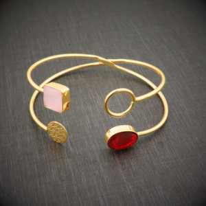Fashion 18K Gold Plated Open <b>Bangle</b> <b>Bracelet</b> Women Geometric Cuff Jewelry Garnet Quartz and Rose Quartz Gemstone - Gift for her - Product Image 4