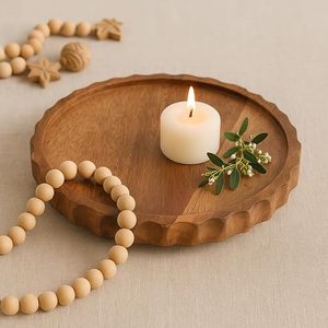 Plateau de service décoratif en bois scandinave à motif végétal, bord festonné rond, plateau de présentation pour salon, table à manger - Product Image 3
