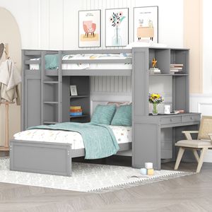 Letto a soppalco singolo con scaffali indipendenti, scrivania e armadio in grigio per bambini - Product Image 1