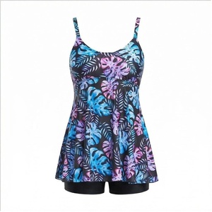 Women's Tropical Leaf Print Swimdress With Ruffles And Shorts One Piece Bikini Set Spandex Polyester Stretch Fit Regular Style - Product Image 2