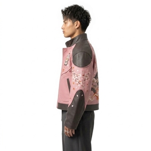 Men's <b>Pink</b> Leather Bomber <b>Jacket</b> With Cherry Blossom Embroidery And Mount Fuji Design Spring Japan Style Turn-down Collar Zipper - Product Image 4