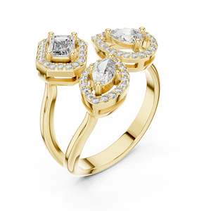 Anillo Abierto de Lujo en Oro Amarillo de 18K con Halos de Diamantes de Formas Mixtas |   Joyería Fina de Diseño de Alta Gama - Product Image 2