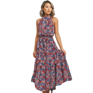 Robe midi élégante à imprimé floral, col halter, coupe trapèze, en mousseline, sans manches, respirante, décontractée, pour femme, été/printemps, vente en gros - Product Image 4