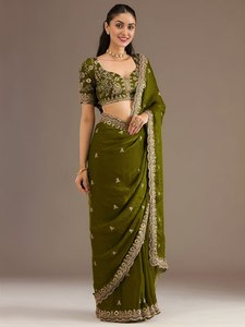 Sari en satin de soie vert brodé avec bordure en sequins et jari dori, élégant pour mariage, fête ou festival - Product Image 1