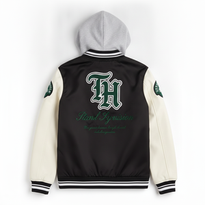 Chaqueta Varsity Negra para Hombre con Mangas Crema, Logotipo Bordado, con Capucha, Estilo Preppy, para Otoño - Product Image 4