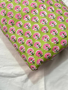 100% Cotton Hand Block Print <b>Fabric</b> Green Pink Floral Buti Sanganeri Cotton <b>Fabric</b> Indian Dress Material Jaipur Yard - Product Image 1