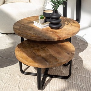 Ensemble de tables basses gigognes rondes industrielles en bois Vandana Zenova Prime pour un décor moderne - Product Image 3