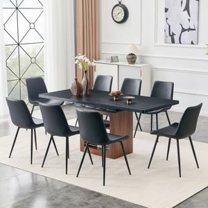 Tavolo da Pranzo Allungabile 59-71 Pollici con 8 Sedie Curve in PU Artificiale Nero, Set da 7 Pezzi per Sala da Pranzo - Product Image 2