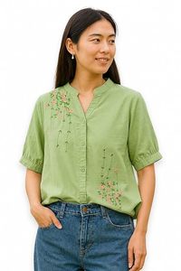 Blusa Blanca de Manga Corta para Mujer, Bordada con Flores, Cuello en V, Abotonada, Informal, para Primavera/Verano - Product Image 2