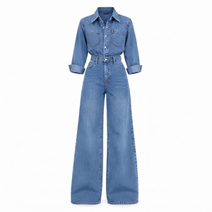 Womens Denim Overalls High Waist Wide Leg Button Front Loose Fit Casual Spring Style Stonewashed Cotton <b>Jumpsuit</b> - Product Image 6