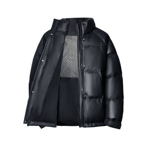 PU Leather Men's Custom Logo Embroidery Winter <b>White</b> Duck Puffer <b>Waterproof</b> Windproof Hooded Zipper Bomber Bubble <b>Jackets</b> Coat - Product Image 1