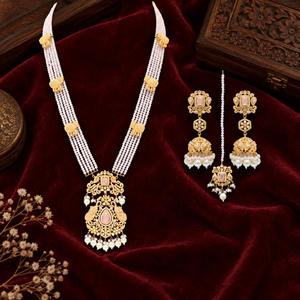 <b>Gold</b> Plated Pink Rani Haar Necklace <b>Set</b> with Jhumka Earrings and Maang Tikka Pakistani Bridal Jewelry Wholesale Manufacturer - Product Image 5