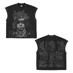 100% cotton T-shirt <b>for</b> <b>men</b> loose fit printed Premium Sleeveless T Shirt 240 GSM Heavy Cotton Jersey Beige <b>Studded</b> Neck DTG - Product Image 3