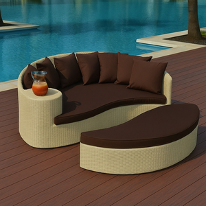 Chaise longue d'extérieur moderne en rotin tressé avec coussins blancs confortables, mobilier de jardin en rotin PE de qualité supérieure pour jardin, bord de piscine - Product Image 4