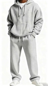 Ensemble sweat à capuche côtelé et pantalon de survêtement bordeaux pour homme, taille élastique avec cordon de serrage, tenue décontractée pour l'automne - Product Image 5