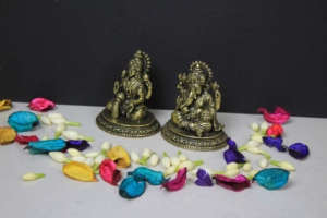 Brass Laxmi Ganesh Pair <b>Gold</b>-Plated Handcrafted Miniature Figures Tabletop Religious Home Office Decor Auspicious Gifting - Product Image 1