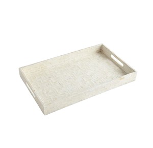 Plateau rectangulaire en nacre fait main, motif mosaïque de briques de crème perlée, pour le rangement des produits de salon et de spa - Product Image 4