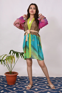 Women's <b>Boho</b> Beach Woven Silk <b>Long</b> Sleeve Wrap <b>Dress</b> Summer Party Wear Handmade Floral Print Short <b>Dress</b> - Product Image 3