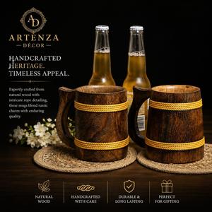 Handcrafted Wooden Beer Mug Rope Wrapped Drinking <b>Cup</b> with Handle for Home Party <b>Camping</b> - Product Image 1