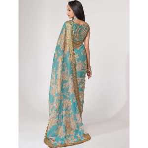Pretty Sky Blue Floral Print Organza Saree con blusa Festival Wear para fiestas - Product Image 4