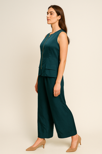 จั๊มสูทสีเขียวอมฟ้าแบบไม่มีแขน ดีไซน์เอวเปปลัมพร้อมซิปสีทอง ขากว้าง ผลิตจากผ้าโพลีเอสเตอร์ มีไซส์ M L XL XXL ขายส่ง - Product Image 6