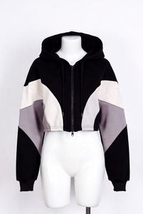 Women's <b>Cropped</b> Color Block <b>Zip</b> <b>Up</b> Hoodie Oversized Long Sleeve Fleece Hooded Sweatshirt Casual Streetwear Jacket - Product Image 3