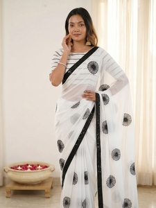 Sari moderne en georgette avec travail de sequins, style indien, pour les occasions spéciales, matériaux recyclés, prix bas pour femmes - Product Image 3