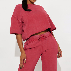 Fashion Spring/Summer Acid Wash Women's Raw Edge Crop Top Jogger Loose Fit Pink Two Piece 100% Cotton Breathable Women's <b>Sets</b> - Product Image 4