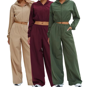 Womens <b>Cropped</b> <b>Zip</b> <b>Up</b> Hoodie Wide Leg Pants Set Lightweight UV Protection Tracksuit Breathable Sportswear Set - Product Image 1